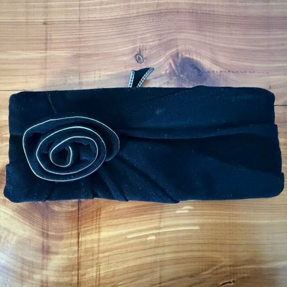 Banana Republic Black Cow Suede Leather Rose Accent Clutch Purse